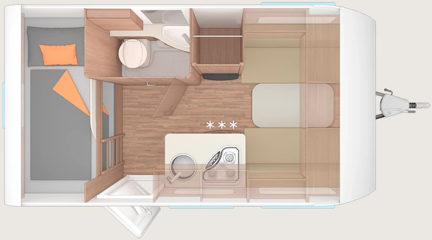 Todo sobre la Weinsberg CaraOne, una de nuestras favoritas 33 Weinsberg CaraOne 400 LK. Plano distribución de día.