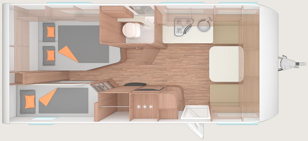 Todo sobre la Weinsberg CaraOne, una de nuestras favoritas 47 Weinsberg CaraOne 550 UK. Plano distribución de día.