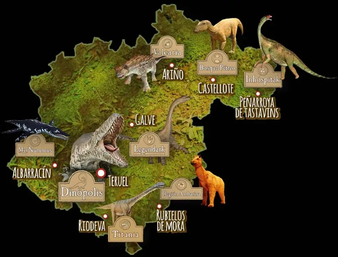Territorio Dinópolis: 1000 kilómetros de dinosaurios en Teruel 4 Mapa de las sedes de Territorio Dinópolis en la provincia de Teruel